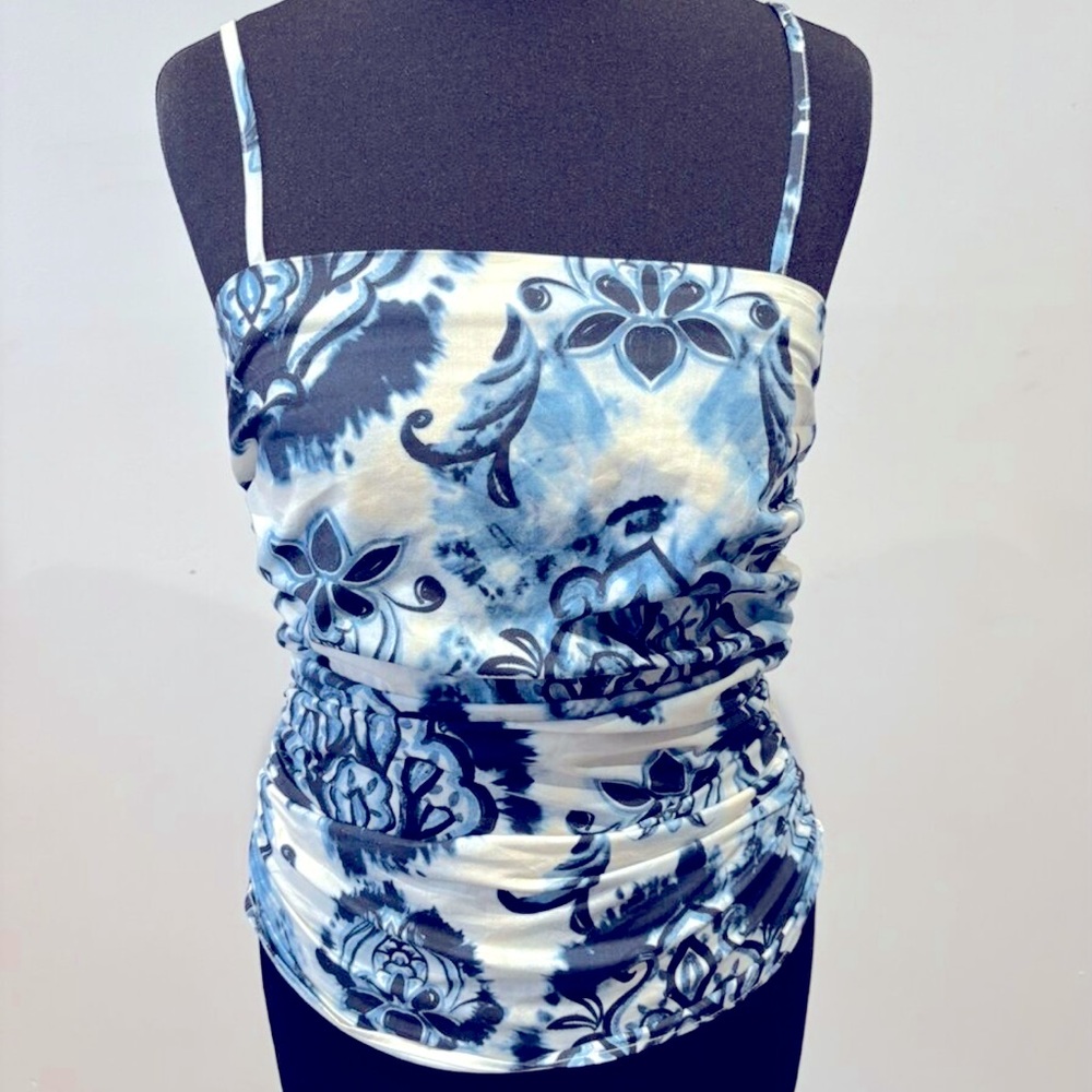 232. NWT. Zara Ocean Blues Summer Top with Ruching & Side Zipper.